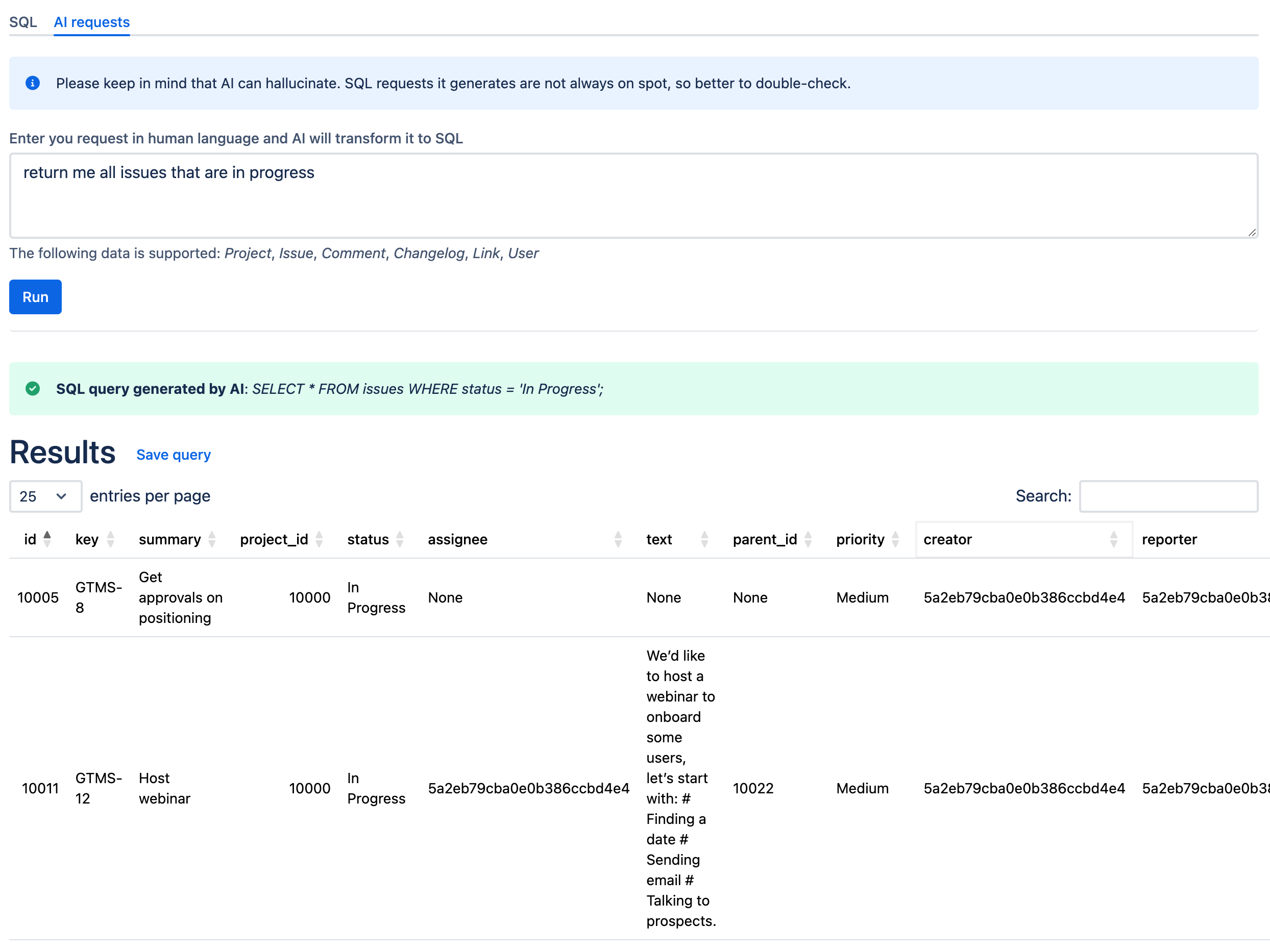 AI request to find all issues with status In Progress